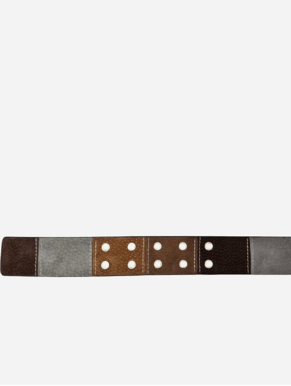 Suede leather brown & gray patchwork belt with white stitching - Picture 7 of 8